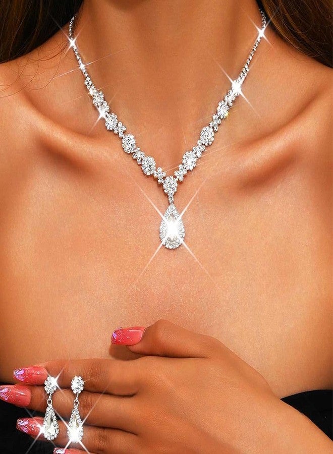 Unicra Silver Wedding Jewelry Set Rhinestone Necklace Earrings Bracelet Sets Prom Formal Costume Jewelry for Women and Brides (Silver) - Image 3