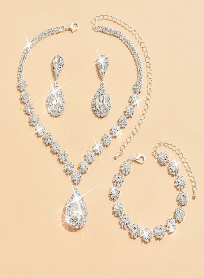 Unicra Silver Wedding Jewelry Set Rhinestone Necklace Earrings Bracelet Sets Prom Formal Costume Jewelry for Women and Brides (Silver) - Image 2