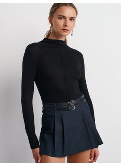 Dilvin 31391 Stand Collar Long Sleeve Top-Black  - Image 1
