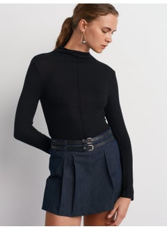 Dilvin 31391 Stand Collar Long Sleeve Top-Black  - Image 3