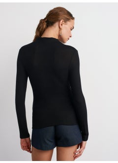 Dilvin 31391 Stand Collar Long Sleeve Top-Black  - Image 2