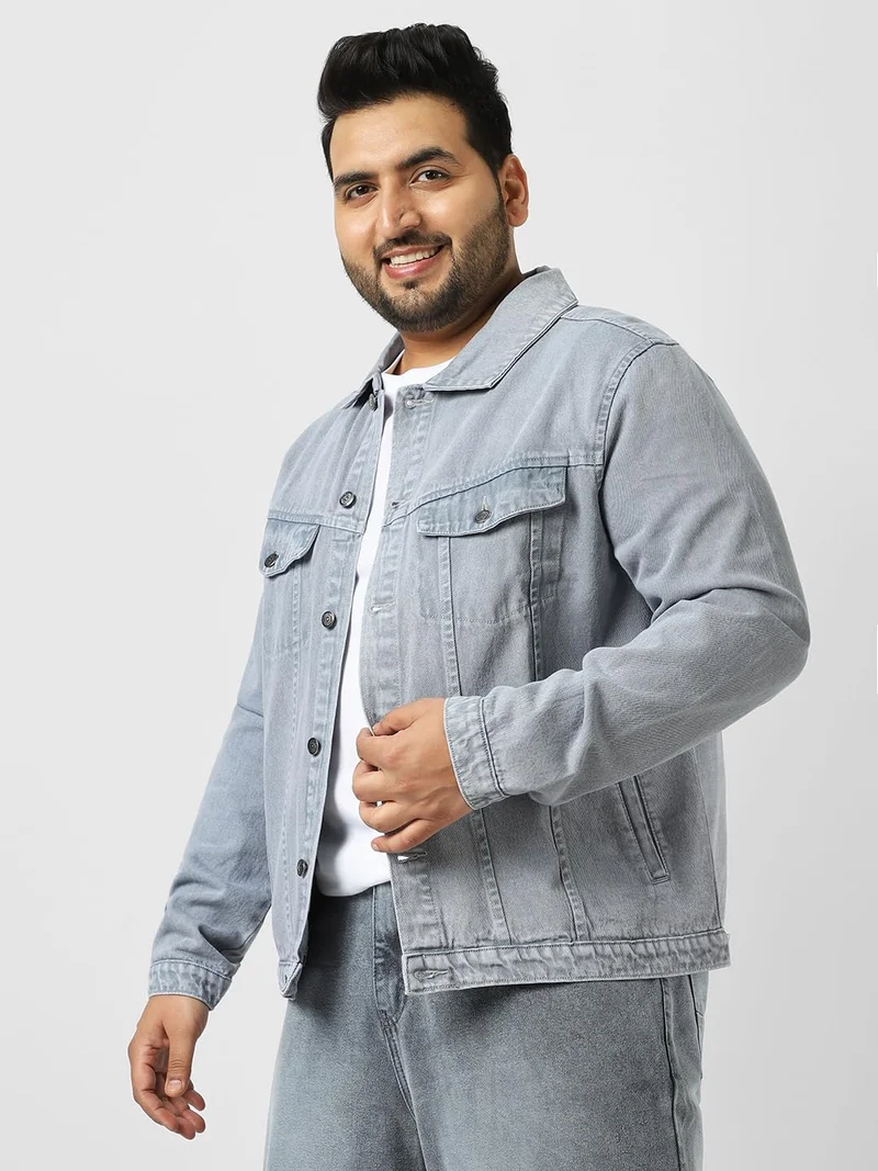 Urbano Fashion  Urbano Plus Men's Light Grey Regular Fit Washed Full Sleeve Denim Jacket  | Best Price UAE