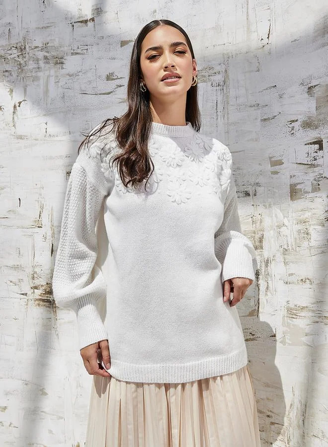 Styli Oversized Floral Embroidered Knit Sweater