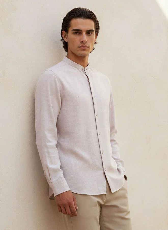 Men Regular Fit Mandarin Neck Houndstooth Long Sleeves Linen Blend Shirt