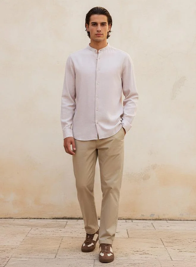 Splash FAV BEIGE Men Regular Fit Mandarin Neck Houndstooth Long Sleeves Linen Blend Shirt for Men | Best Price UAE