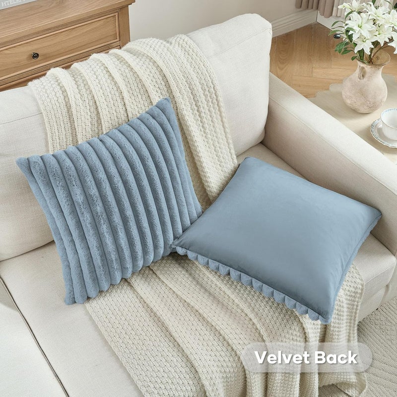 FUTEI Pack of 2 Fluffy Faux Fur Throw Pillow Covers 16x16 Inch Elegant Striped Textured Decorative Cushion Cases Modern Accent Pillow for Couch Bed Living Room, Dusty Blue - Image 4