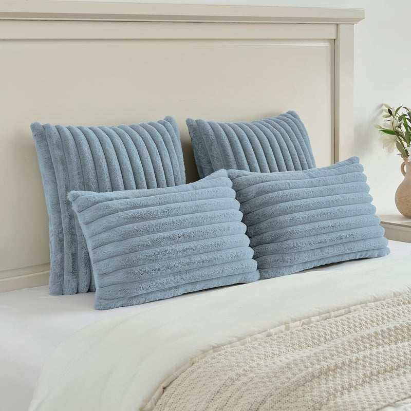 FUTEI Pack of 2 Fluffy Faux Fur Throw Pillow Covers 16x16 Inch Elegant Striped Textured Decorative Cushion Cases Modern Accent Pillow for Couch Bed Living Room, Dusty Blue - Image 5