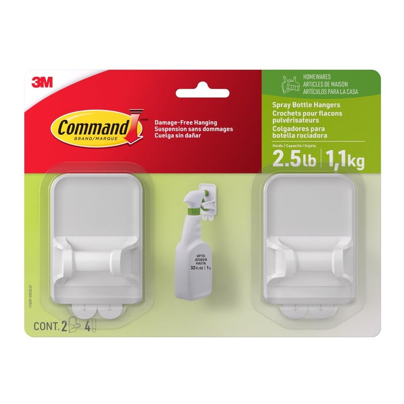 Command Spray Bottle Hangers Holds up to 32 fl oz 2 Hangers with 4 Command Strips Damage Free Spray Bottle Holder Wall Mount to Cabinet Kitchen or Under Sink