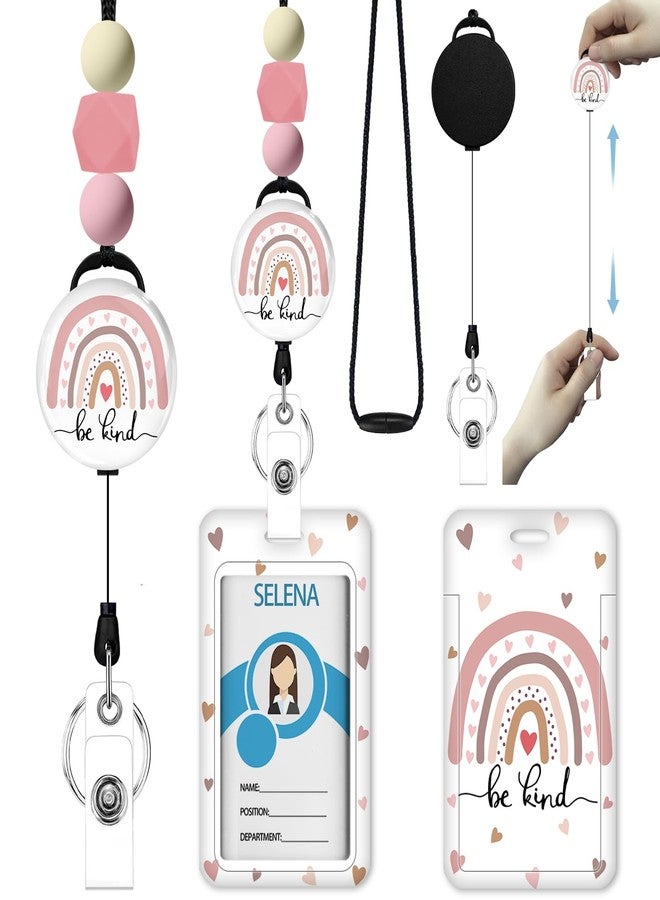 Icycay Teacher Lanyards for Id Badges, ID Badge Holder with Silicone Beaded Lanyard Badge Reel Retractable Clip, Cute Rainbow Lanyard with ID Holder Retractable Keychain, Office Name Tag Badge Holder - Image 1