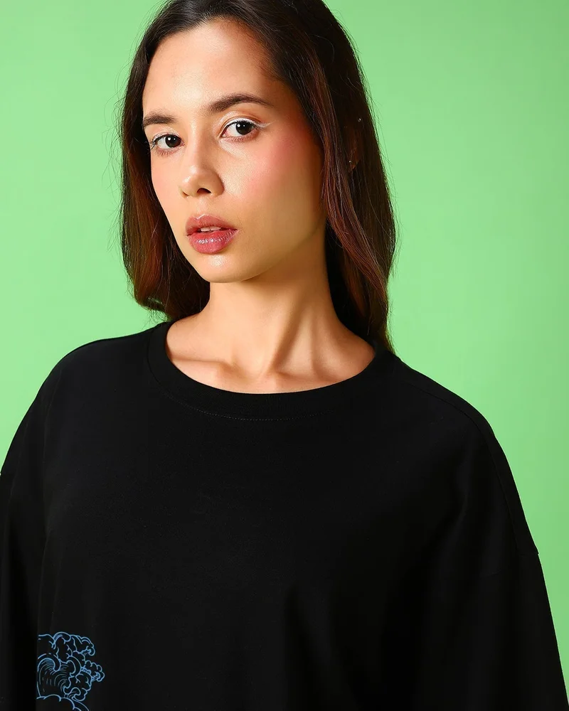 bewakoof Women's Black Ocean Child Graphic Printed Oversized T-shirt