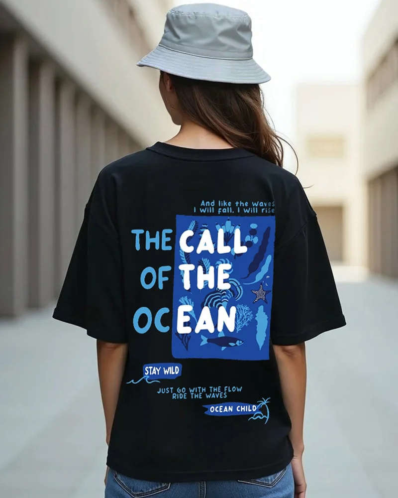 bewakoof Women's Black Ocean Child Graphic Printed Oversized T-shirt