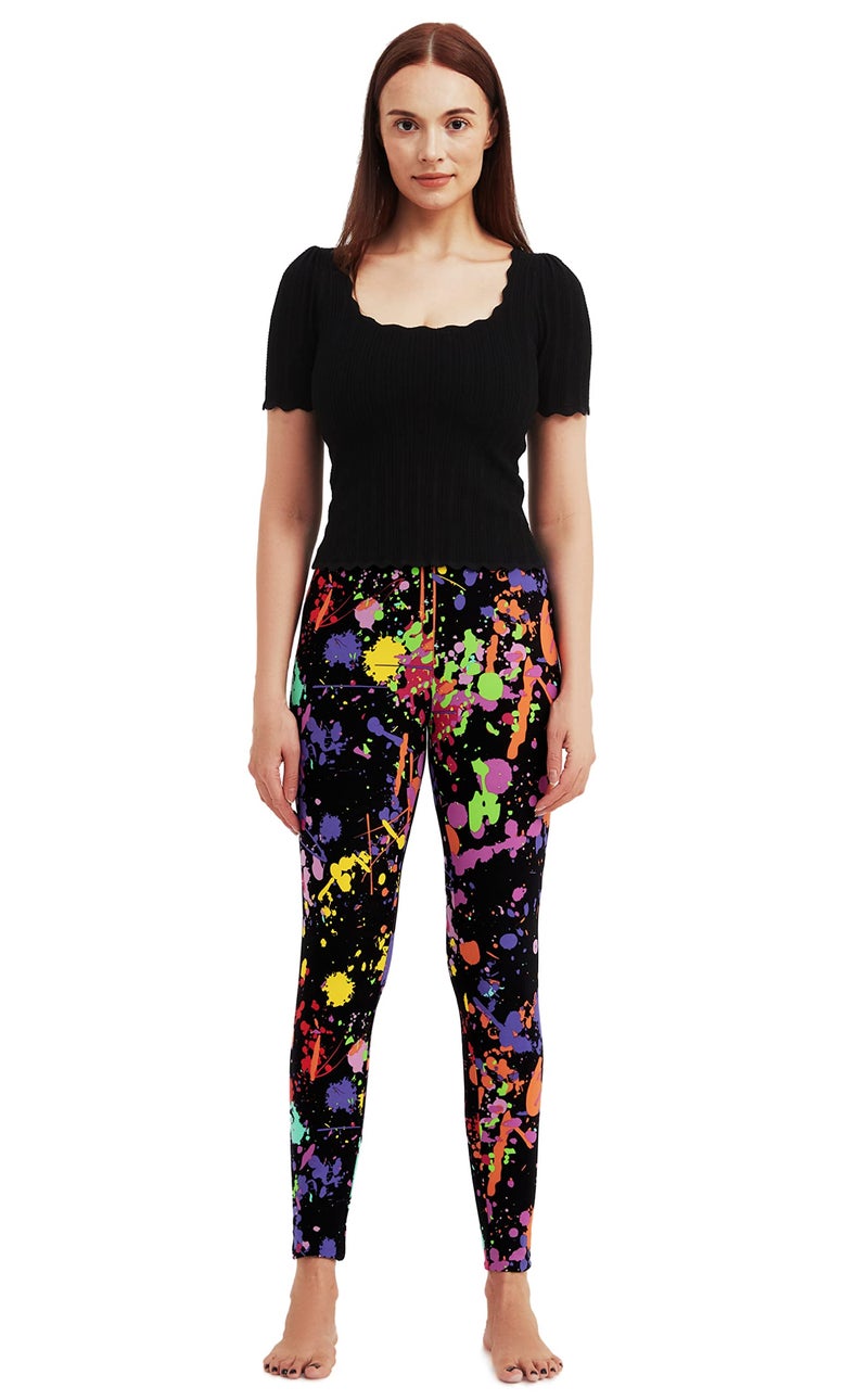sissycos Women's 80s Leggings Artistic Splash Printed Buttery Soft Stretchy Pants (Medium, Color Splash Black) - Image 4