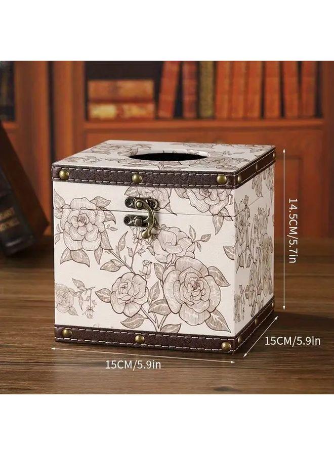 Chinese Style Camellia Square Tissue Box Recycled Wood Floral Pattern Home Decor - Image 1