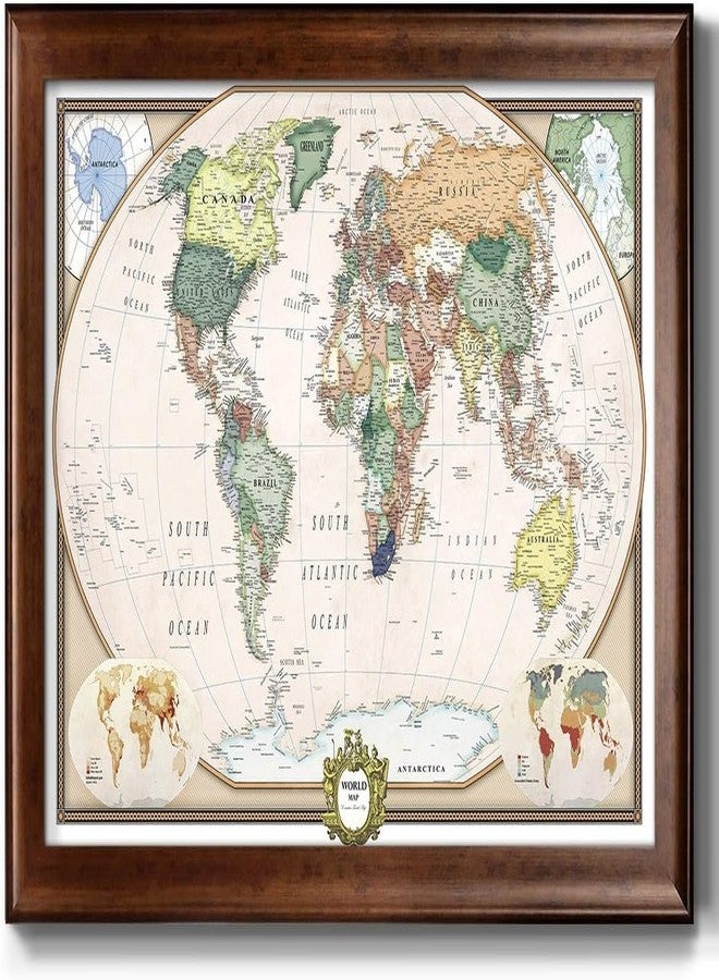 Renditions Gallery Colorful World Map Canvas Wall Art with Walnut Frame Wall Hanging Travel Map with Push Pins for Home, Office, Classroom - Image 1