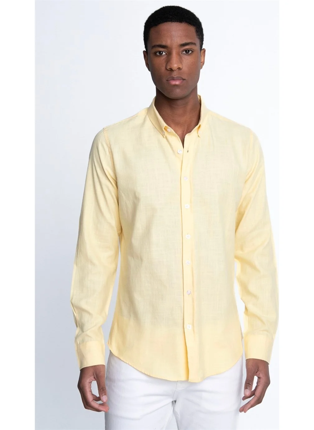 تودورس Slim Fit Long Sleeve Buttoned Collar Men's Linen Shirt -