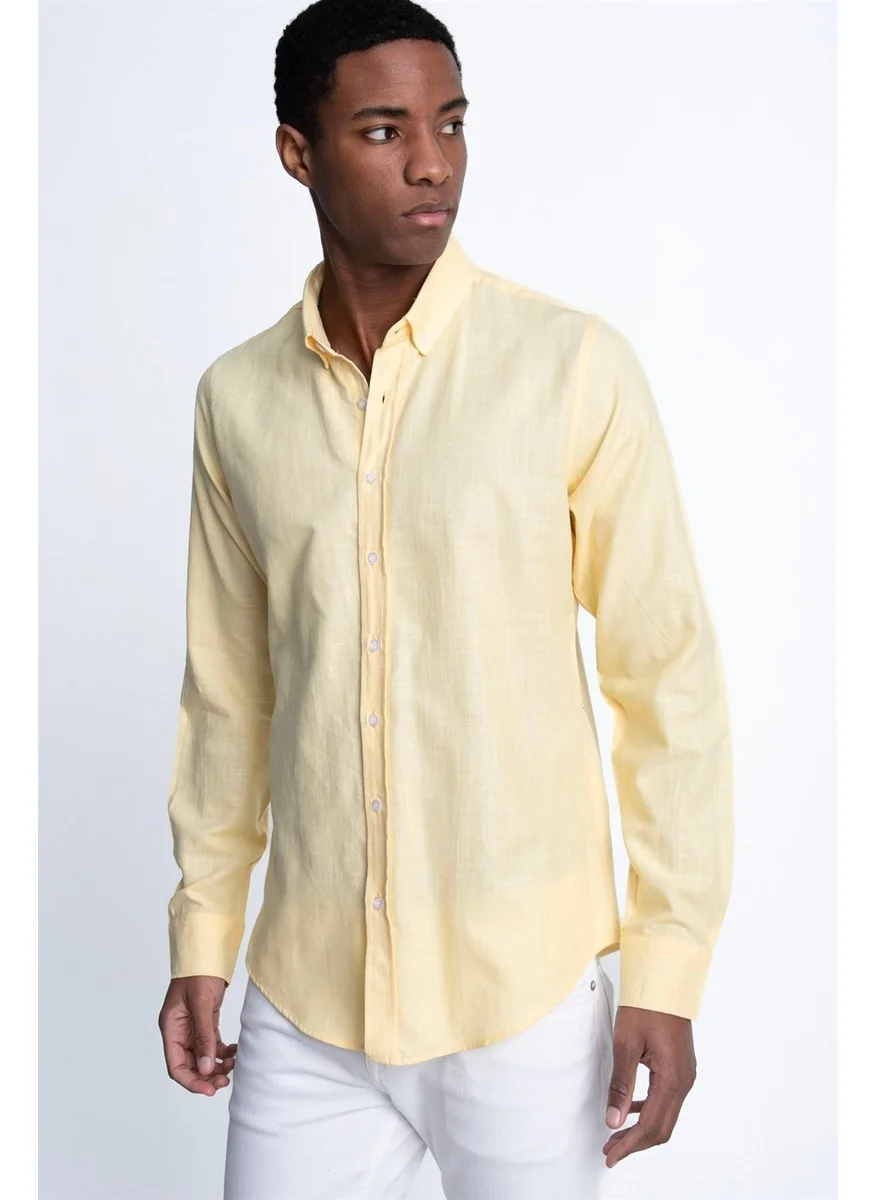تودورس Slim Fit Long Sleeve Buttoned Collar Men's Linen Shirt -