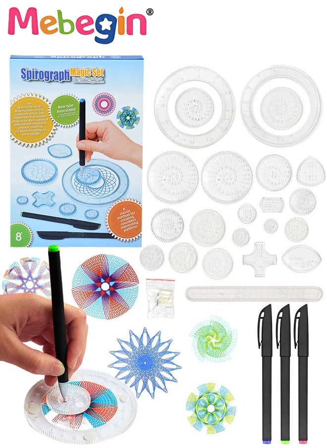 MEBEGIN - Spirograph Deluxe Set with 3 Pens and Other Accessaries, Creative Drawings Tools, Plastic Template Rulers, Art Supplies, Craft Supplies, Drawing Kit, Classic Gear Design Kit, Ideal Drawing Tools for Kids Aged 8+ - Image 1