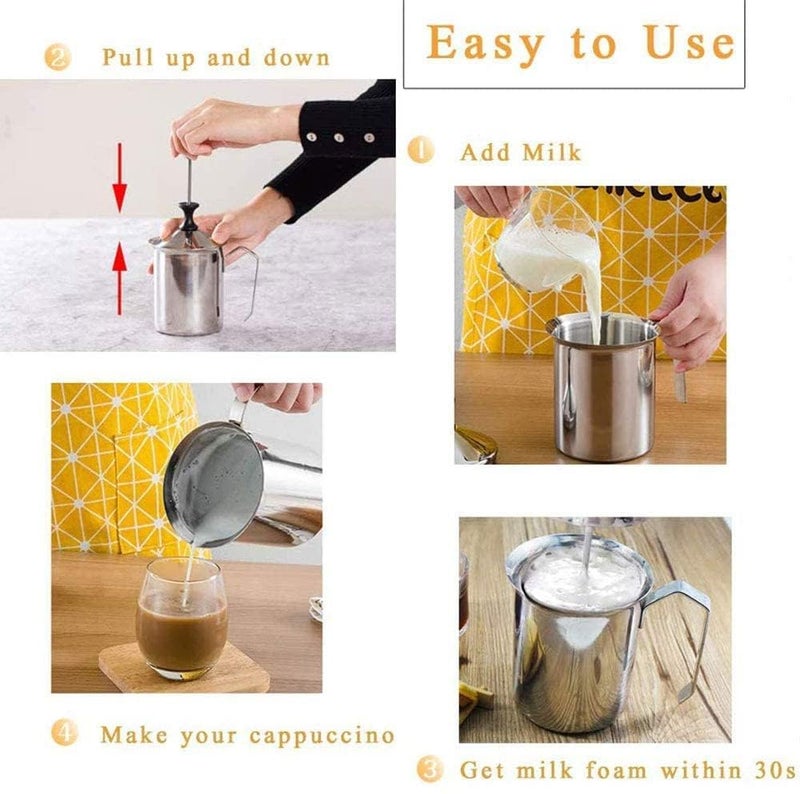 Foxelli Milk Coffee Foam Maker Mixer Hand Blender Creamer Beater 400ml Milk Frother Freezer Stainless Steel Hand Pump Milk Frother Cappuccino Coffee Frother Double Froth Pump - Image 4