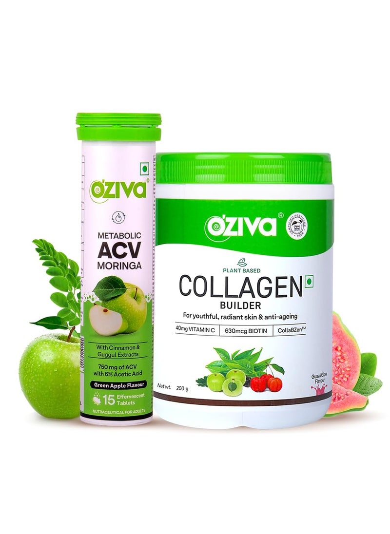 OZiva - Vegan Collagen Guava Glow Biotin Vitamin C Brighter Youthful Skin 250g ACV Weight Loss 3 In 1 Fat Oxidation 15 Effervescent Tablets Green Apple 2 Count 15 Capsules - Image 1
