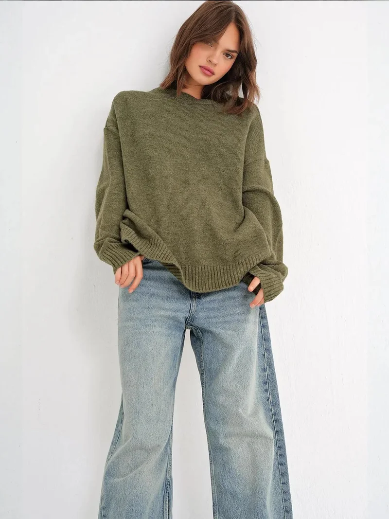 Mixray Khaki Green Mixray Oversized Knitwear Sweater for Women | Best Price UAE