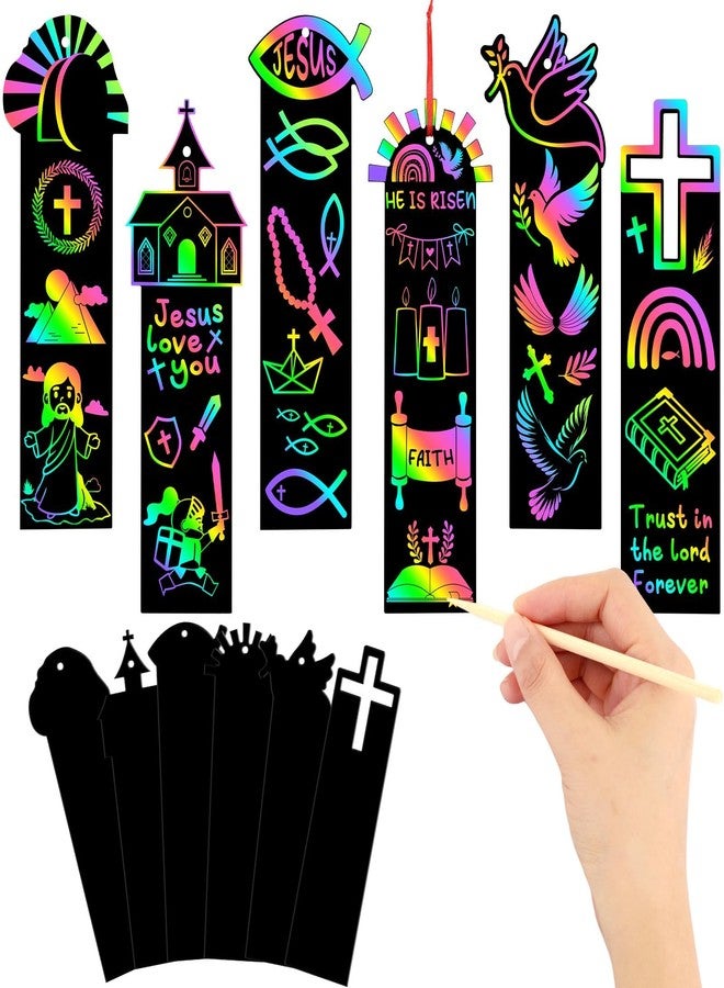 JUNEBRUSHS 30Pcs Religious Crafts for Kids, Easter Rainbow Color Scratch Art Bookmarks Resurrection Cross Religious Gifts for Kids Sunday School Church Bible Crafts Kits - Image 1