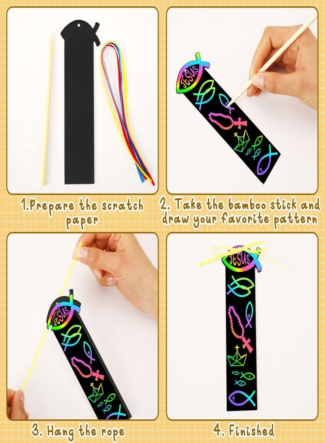 JUNEBRUSHS 30Pcs Religious Crafts for Kids, Easter Rainbow Color Scratch Art Bookmarks Resurrection Cross Religious Gifts for Kids Sunday School Church Bible Crafts Kits - Image 2