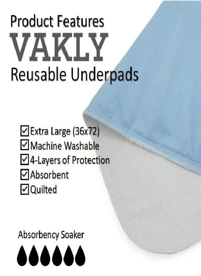 Vakly XXL Washable Reusable Underpads 36"x72" Waterproof Absorbent Incontinence Bed Pad [2 Pack] Extra Large Underpad with Heavy 4-Layer Protection for Beds Sofa and Mattress - Pads for Seniors Kids & Pets 