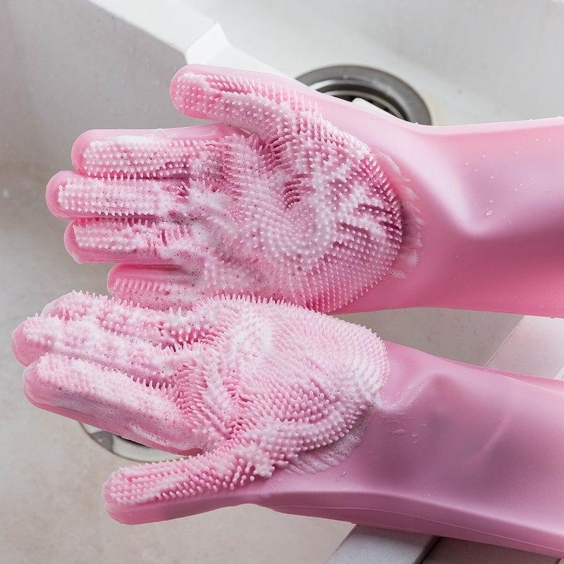 Long Hair Magic Silicone Bowl Washing Gloves Womens Rubber Kitchen Housework Durable Waterproof Cleaning Bowl Washing Durable Bowl Washing Pink - Image 4