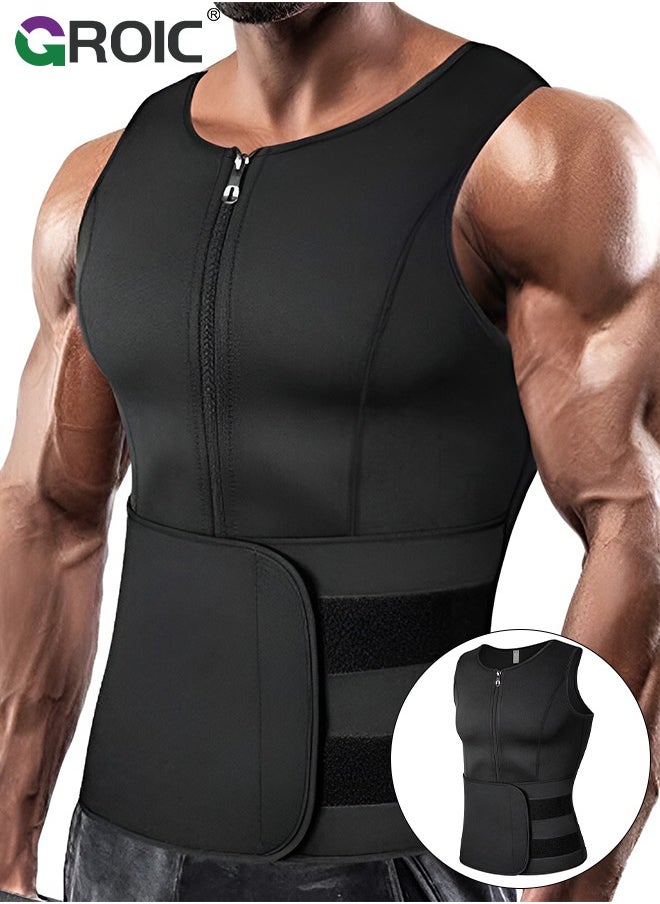 GROIC Men's Waist Trainer, Sauna Vest Weight Loss Body Shaper Sweat Vest with Double Belt and Zipper, Waist Trainer Zipper Neoprene Tank Top, Adjustable Sauna Workout Zipper Suit Corset Plus Size XL  - Image 1
