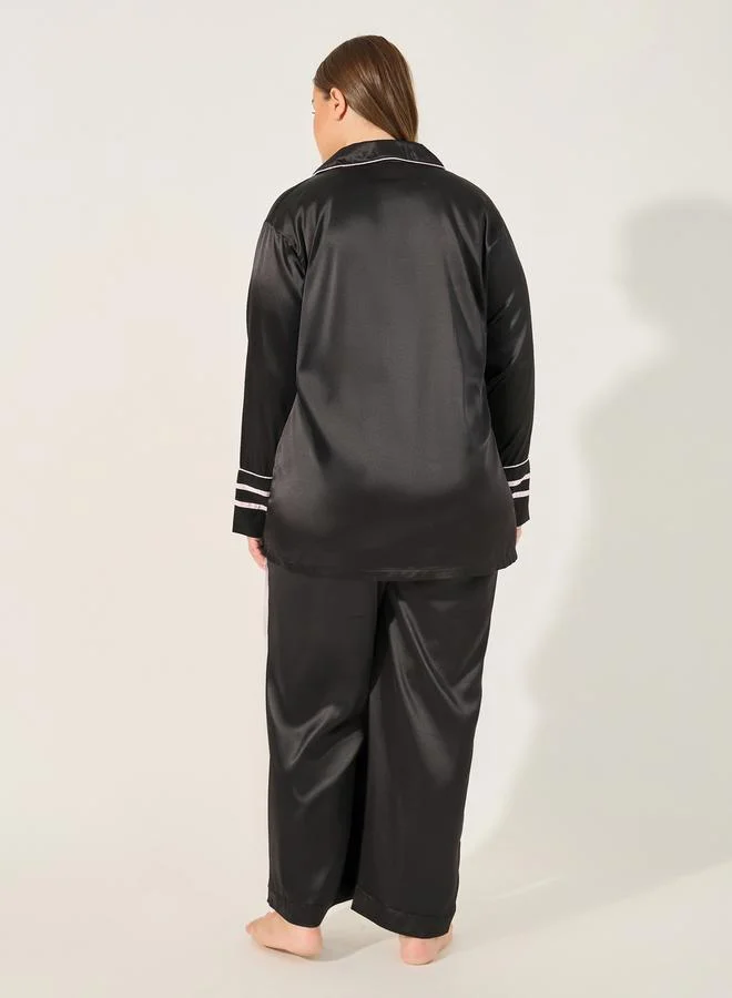 Styli Satin Pajama Set with Piping Detail
