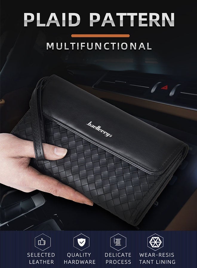 بايلليري محفظة رجالية منسوجة بسحاب ومزخرفة - مزودة بفتحات متعددة للبطاقات، محفظة جلدية للأعمال مزودة بسحاب وبطاقات متعددة (أسود) - Image 2