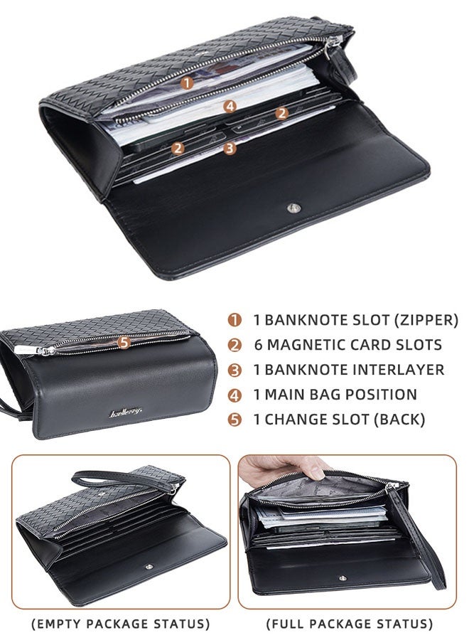 بايلليري محفظة رجالية منسوجة بسحاب ومزخرفة - مزودة بفتحات متعددة للبطاقات، محفظة جلدية للأعمال مزودة بسحاب وبطاقات متعددة (أسود) - Image 4