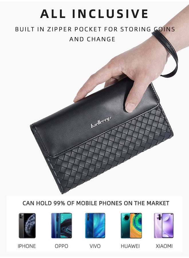 بايلليري محفظة رجالية منسوجة بسحاب ومزخرفة - مزودة بفتحات متعددة للبطاقات، محفظة جلدية للأعمال مزودة بسحاب وبطاقات متعددة (أسود) - Image 3