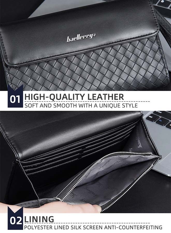 بايلليري محفظة رجالية منسوجة بسحاب ومزخرفة - مزودة بفتحات متعددة للبطاقات، محفظة جلدية للأعمال مزودة بسحاب وبطاقات متعددة (أسود) - Image 5