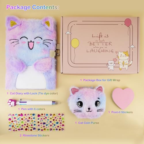 PJDRLLC Cat Diary with Lock, Gift for 6 7 8 Year Old Girl, Secret Diary Journal Notebook with Coin Purse, Multicolored Pen, Post-it Note, Stickers, Practical Gift for Birthday (A Happy Cat) - Image 4