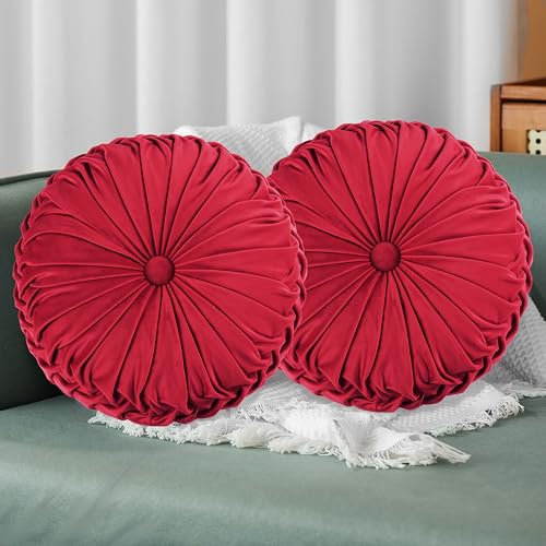 Hi -G HIG Set of 2 Red Ruched Velvet Round Throw Pillows 145 Decorative Pillows with Soft Polyester Filling for Couch Bed Living Room Bedroom or Dorm Handmade Stress Relieving AllSeason - Image 1