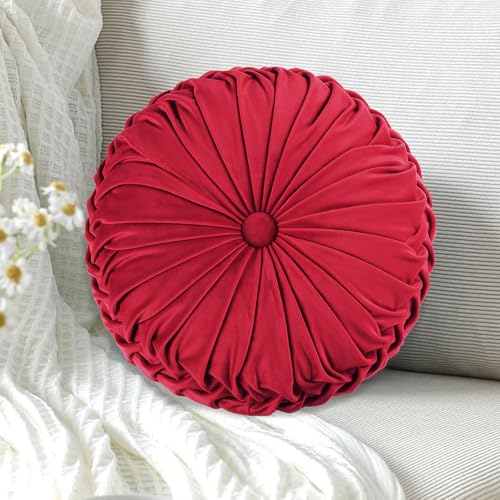 Hi -G HIG Set of 2 Red Ruched Velvet Round Throw Pillows 145 Decorative Pillows with Soft Polyester Filling for Couch Bed Living Room Bedroom or Dorm Handmade Stress Relieving AllSeason - Image 3