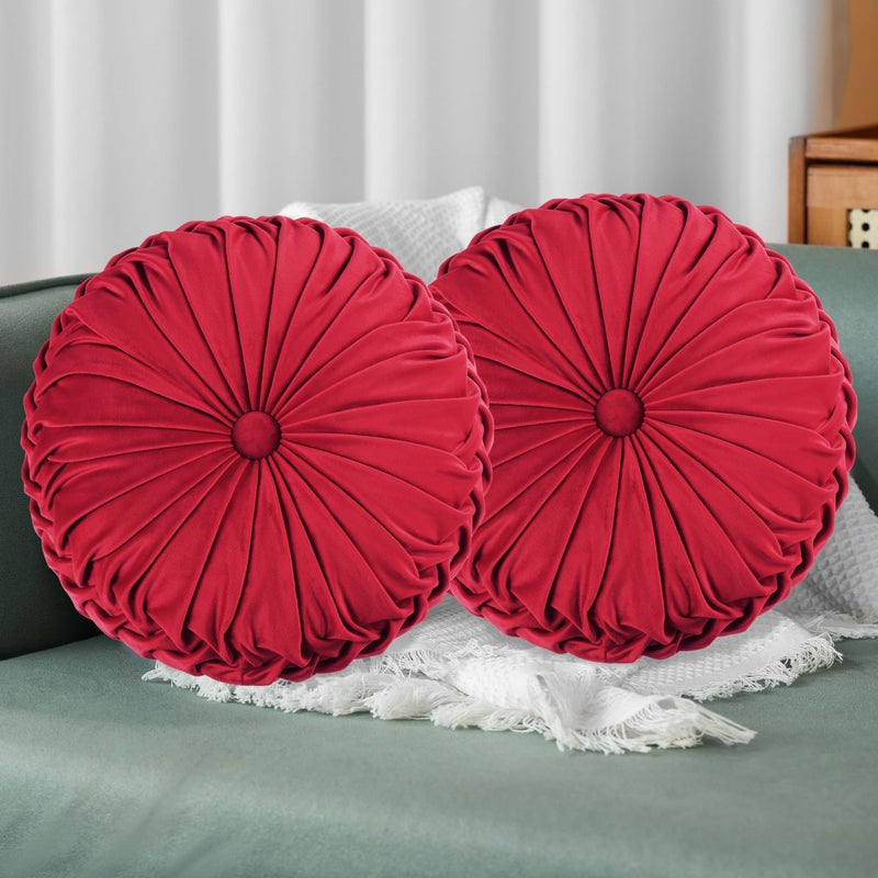 Hi -G HIG Set of 2 Red Ruched Velvet Round Throw Pillows 145 Decorative Pillows with Soft Polyester Filling for Couch Bed Living Room Bedroom or Dorm Handmade Stress Relieving AllSeason - Image 2
