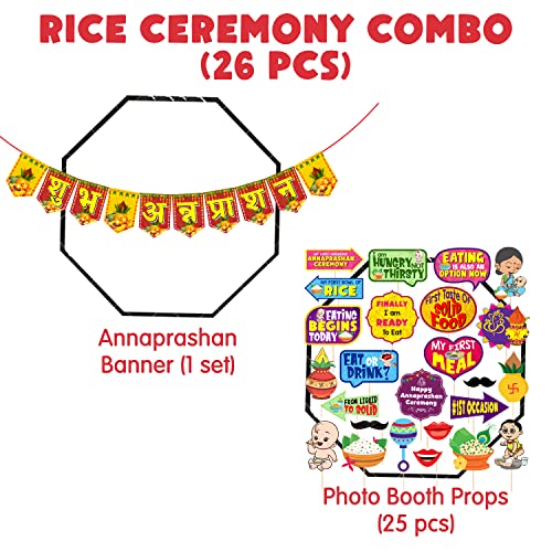Zyozique 25 Pcs Annaprasanam Photo Booth with Paper Bunting Paper Banner Hindi Font Shubh Annaprashan Yellow & Red Color Font/Annaprashan Decoration Items (Pack of 26) - Image 2