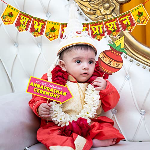 Zyozique 25 Pcs Annaprasanam Photo Booth with Paper Bunting Paper Banner Hindi Font Shubh Annaprashan Yellow & Red Color Font/Annaprashan Decoration Items (Pack of 26) - Image 4