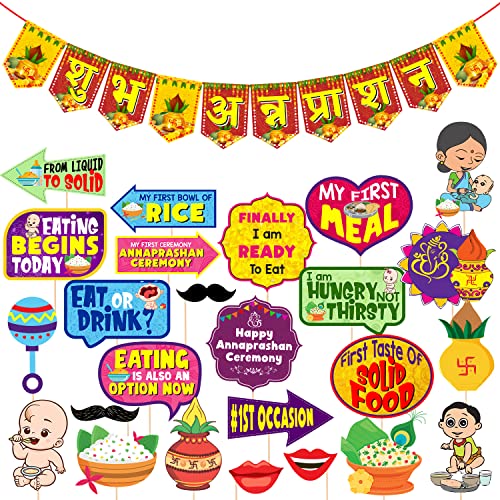Zyozique 25 Pcs Annaprasanam Photo Booth with Paper Bunting Paper Banner Hindi Font Shubh Annaprashan Yellow & Red Color Font/Annaprashan Decoration Items (Pack of 26) - Image 1
