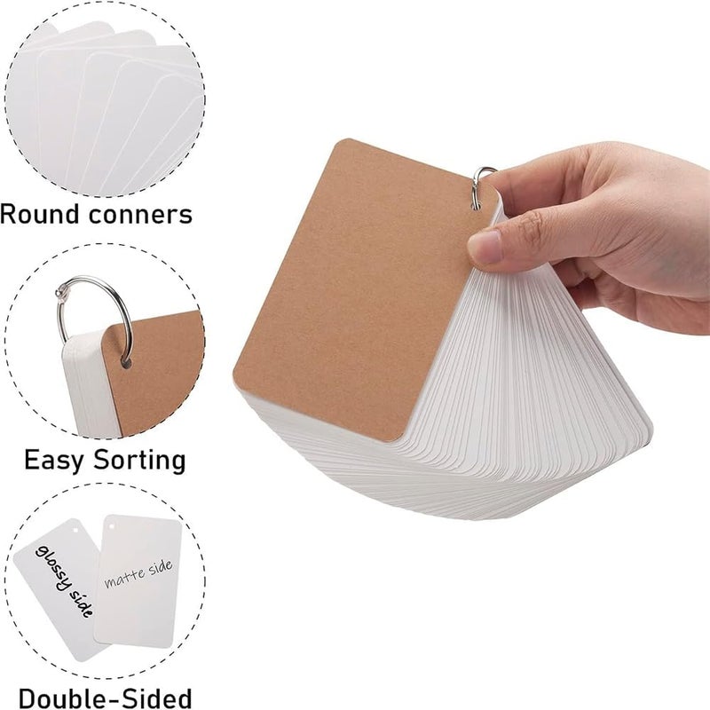 MNODWLOF 400 Sheets White Blank Flash Cards,3.5 x 2.2 Inch Small Study Cards, Learning Kraft Paper, Easy Flip Mini Index Note Flashcards (8 Pack) with Binder Rings - Image 3