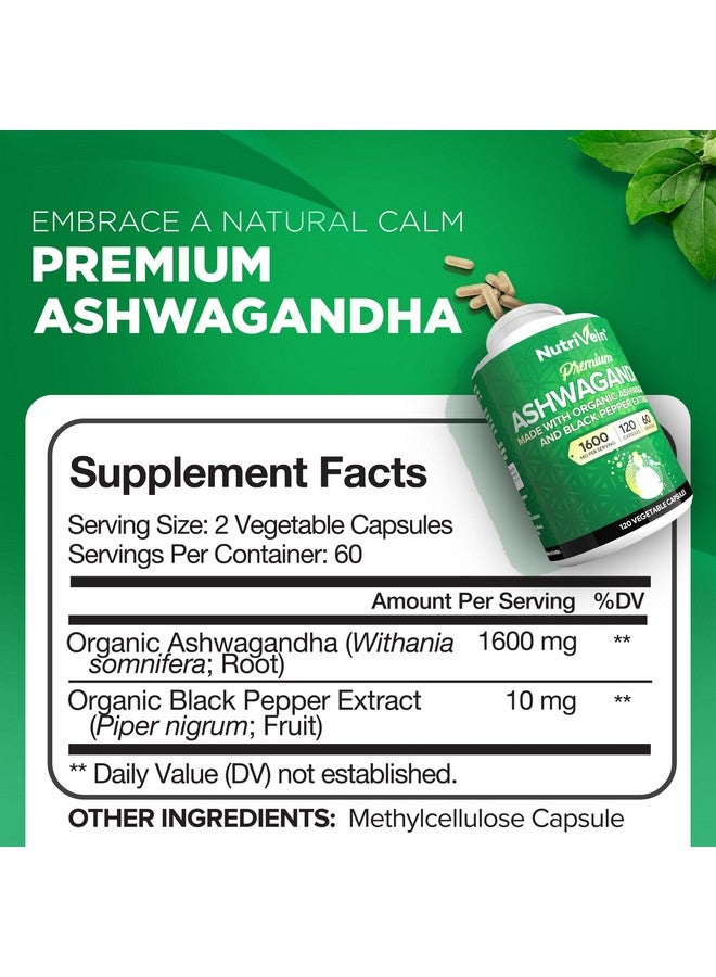 نيوتريفين كبسولات اشواغاندا العضوية من نوتريفين 1600 ملجم مع مستخلص الفلفل الأسود - 120 حبة نباتية - مكمل غذائي من مسحوق الجذر النقي بنسبة 100% - يدعم تخفيف التوتر والمناعة والطاقة والقدرة على التحمل والمزاج - Image 1