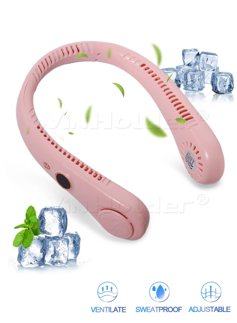 وين هولدر مروحة محمولة، مروحة رقبة محمولة، مروحة بدون شفرات بدون استخدام اليدين، مروحة شخصية قابلة للارتداء تعمل بالبطارية، بدون شفرات، قابلة لإعادة الشحن، تصميم سماعة رأس، 5 سرعات هدية للنساء والرجال - وردي - Image 1