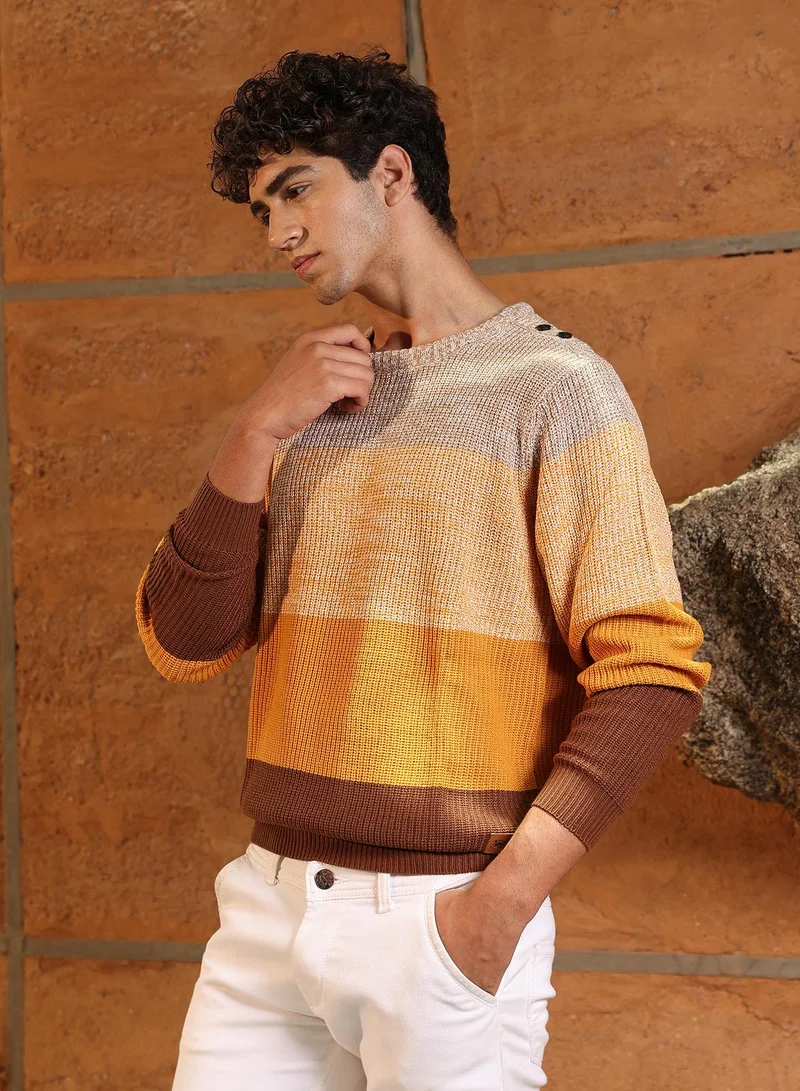 Campus Sutra Campus Sutra Men's Orange & Brown Panel-Jacquard Knit Pullover Sweater | Round Neck , Ribbed Cuff Sleeves , Pull On Closure , Ribbed-Straight Hem | Colourblock Jacquard For Casual & Daily Wear