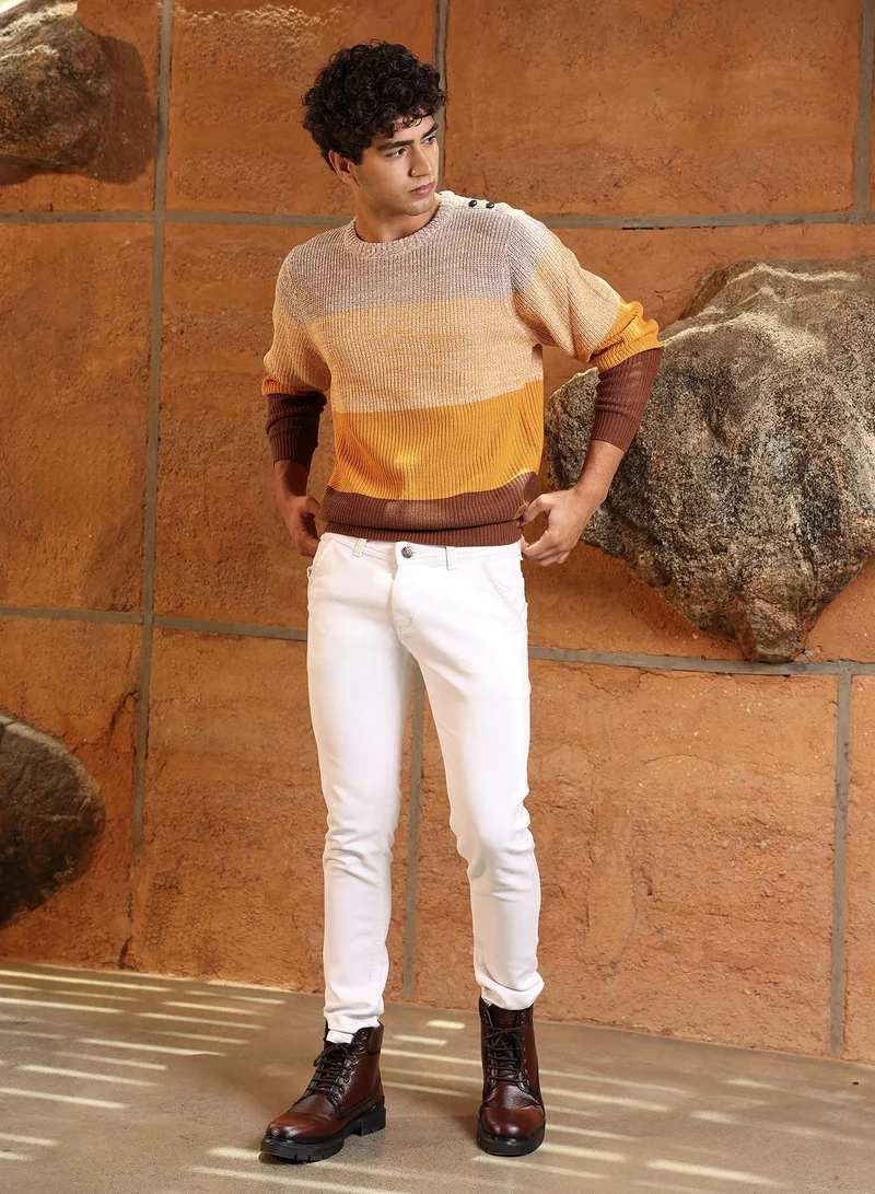 Campus Sutra Campus Sutra Men's Orange & Brown Panel-Jacquard Knit Pullover Sweater | Round Neck , Ribbed Cuff Sleeves , Pull On Closure , Ribbed-Straight Hem | Colourblock Jacquard For Casual & Daily Wear