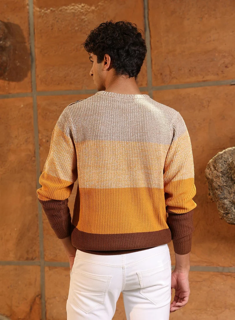 Campus Sutra Campus Sutra Men's Orange & Brown Panel-Jacquard Knit Pullover Sweater | Round Neck , Ribbed Cuff Sleeves , Pull On Closure , Ribbed-Straight Hem | Colourblock Jacquard For Casual & Daily Wear