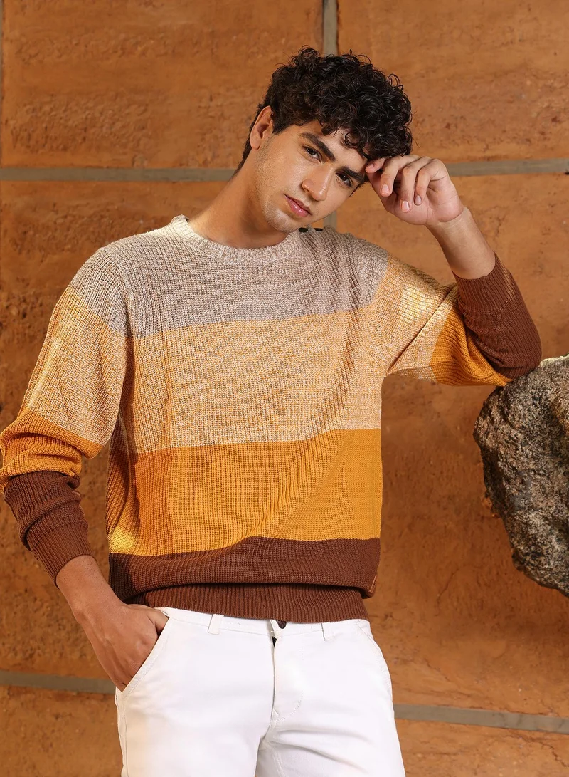 Campus Sutra Campus Sutra Men's Orange & Brown Panel-Jacquard Knit Pullover Sweater | Round Neck , Ribbed Cuff Sleeves , Pull On Closure , Ribbed-Straight Hem | Colourblock Jacquard For Casual & Daily Wear