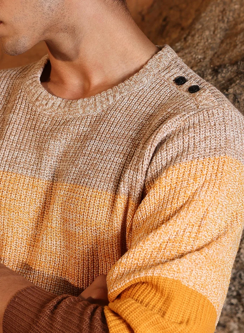 Campus Sutra Campus Sutra Men's Orange & Brown Panel-Jacquard Knit Pullover Sweater | Round Neck , Ribbed Cuff Sleeves , Pull On Closure , Ribbed-Straight Hem | Colourblock Jacquard For Casual & Daily Wear