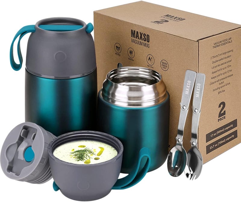 Max&So 2 Pack Soup Thermo for Hot & Cold Food for Kids Adults, Vacuum Insulated Food Jar Thermal Lunch Containers, Travel Food Flask with Spoon (24 oz,17 oz) (Matte Green) - Image 1